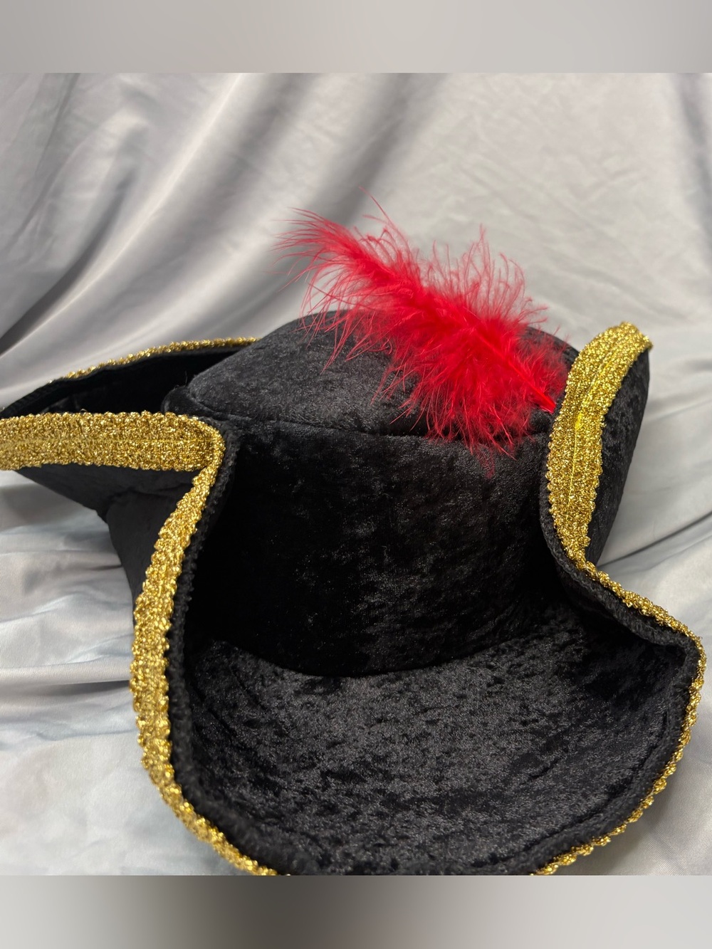 Black Velvet Tricorn Pirate Hat with Red Feather and Gold Trim - Picture 2 of 4